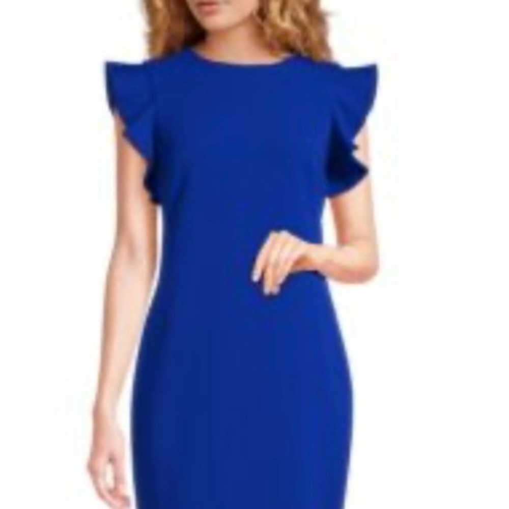 Calvin Klein Women’s Sheath Dress Round Neck Knee Length Ruffle Sleeve size 10 M